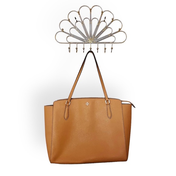 Tory Burch Large Emerson Top Zip Tote Bag Cardamom Brown Leather